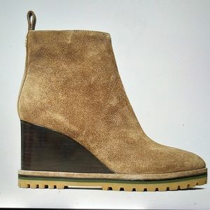 Tory Burch Lug Sole Wedge Booties, sz 8, brown, side zip, rubber sole, worn 1 x